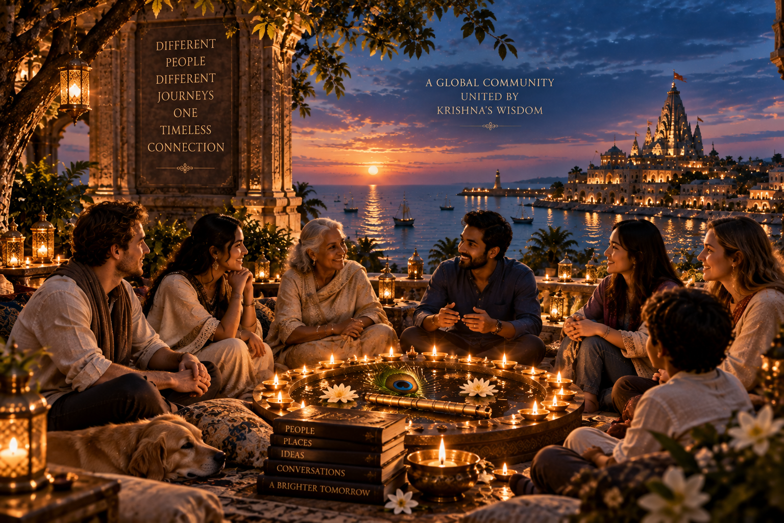 Generations sharing a warm conversation around diyas, a flute and peacock feather beside Dwarka at twilight