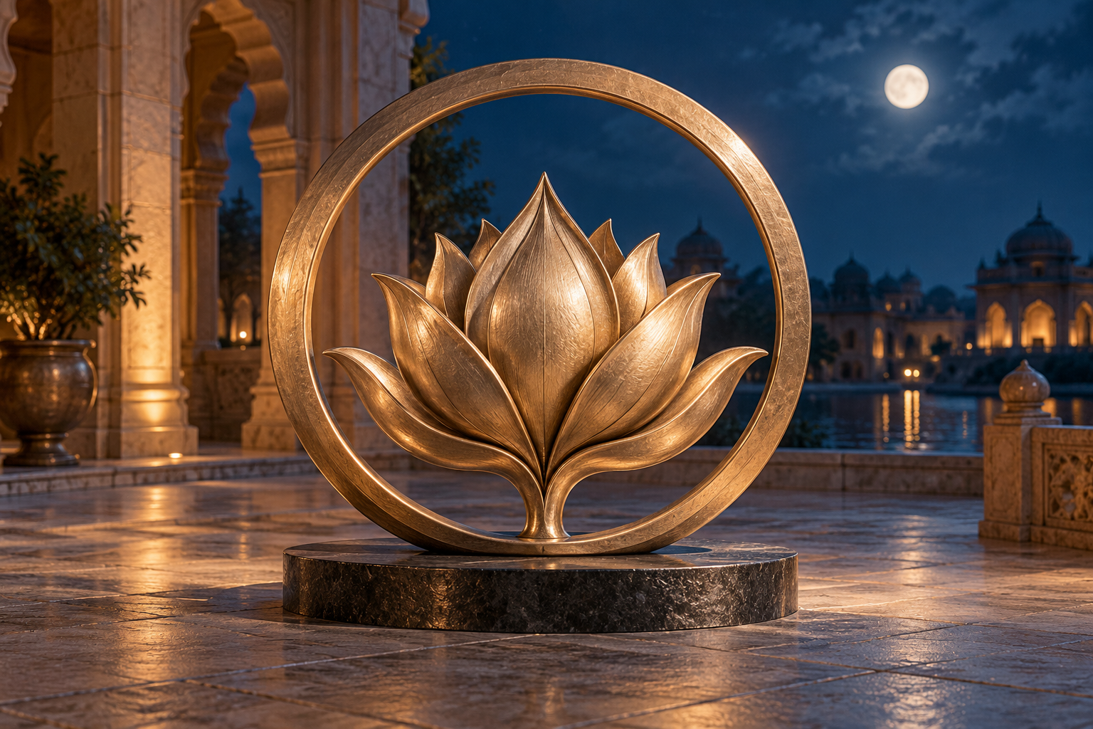 A bronze lotus held within a continuous ring in a quiet moonlit courtyard, a symbolic image of care and continuity