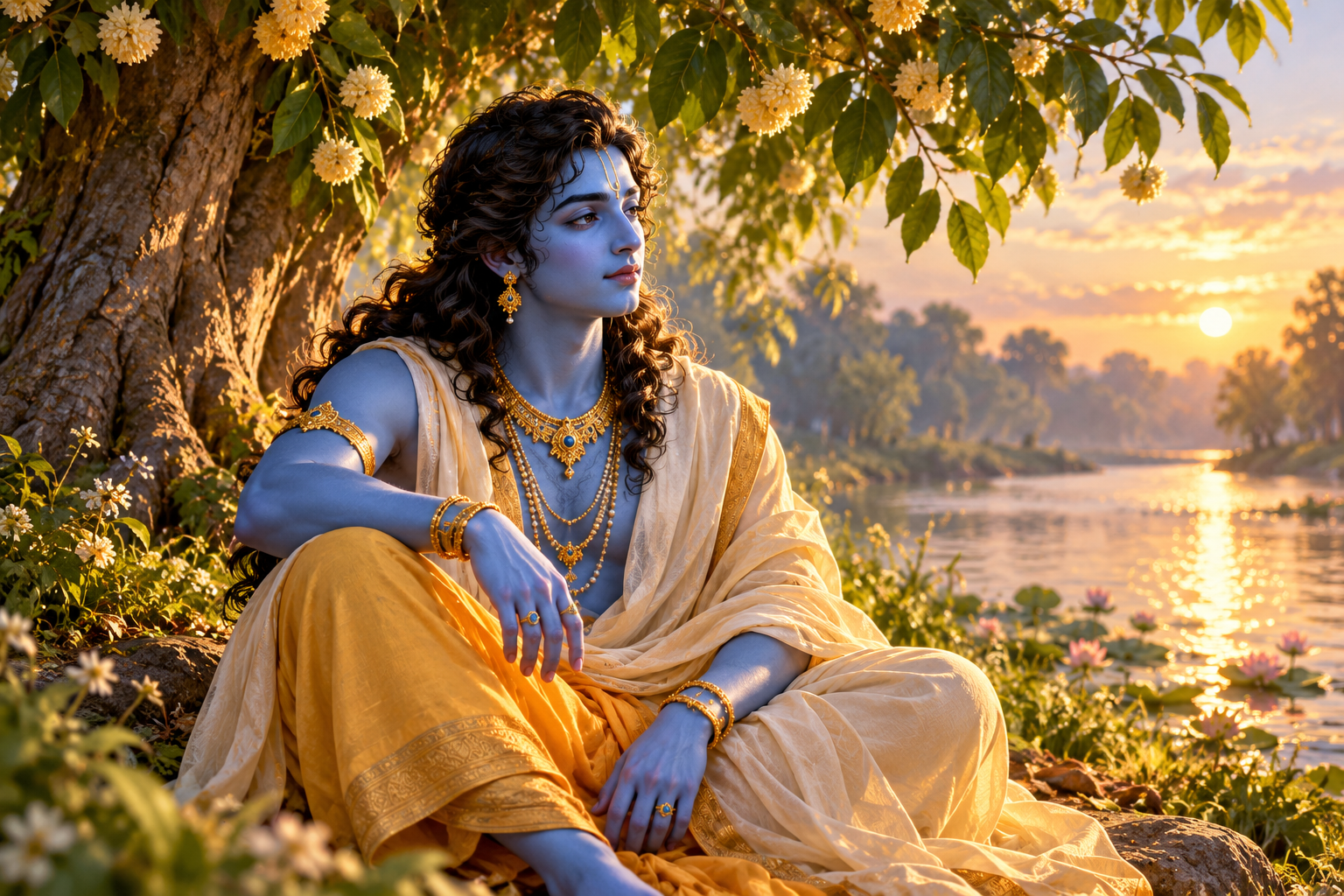 Krishna in quiet contemplation beneath a flowering tree beside the Yamuna