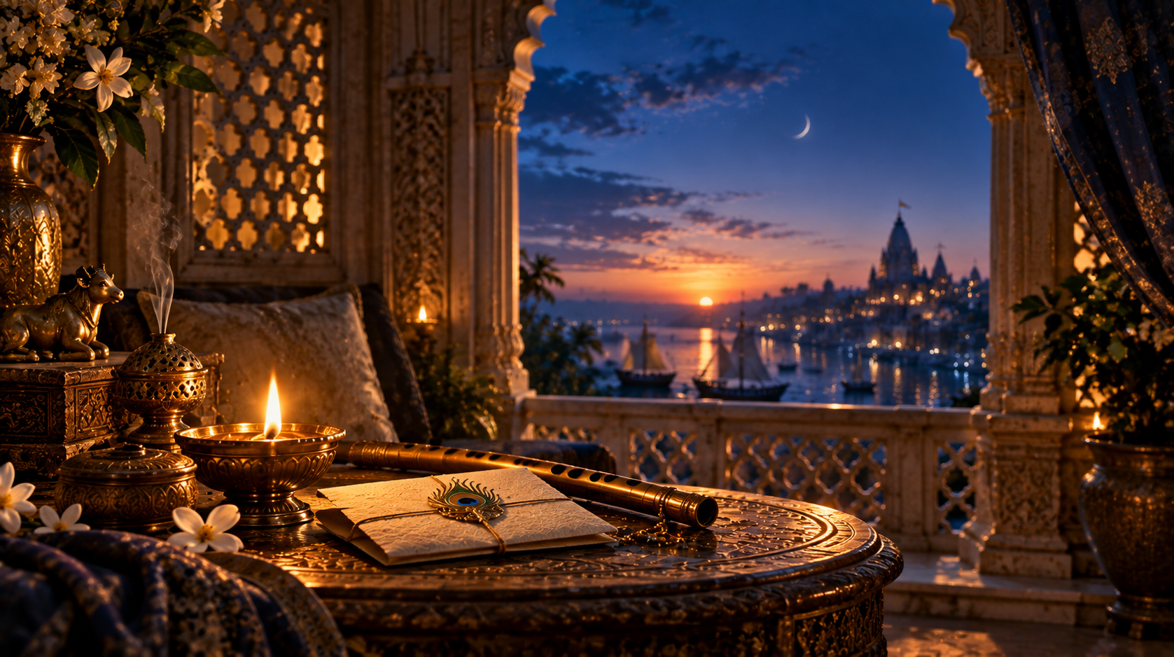 A glowing diya, sealed parchment and golden flute in a quiet sacred interior overlooking blue dawn