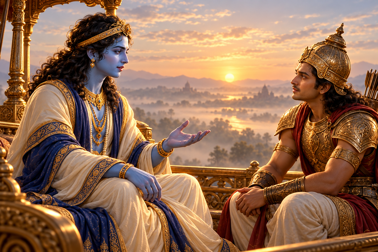 Krishna and Arjuna in a quiet, attentive dialogue on their chariot at dawn