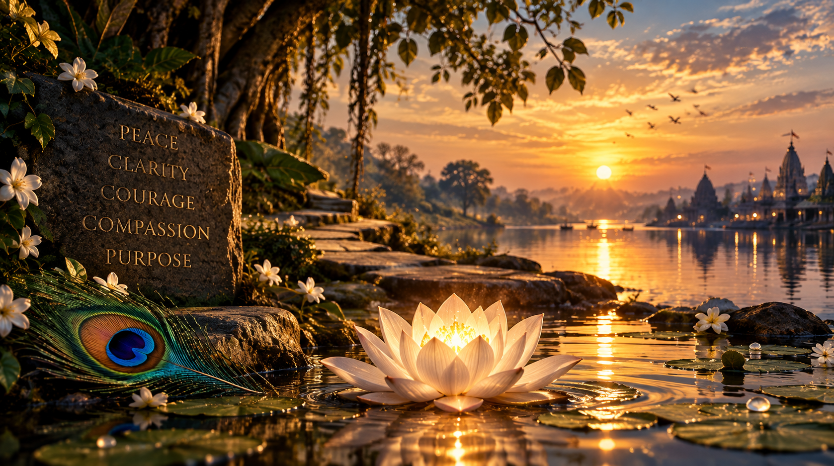 A luminous lotus and peacock feather beside an engraved stone on a tranquil golden river
