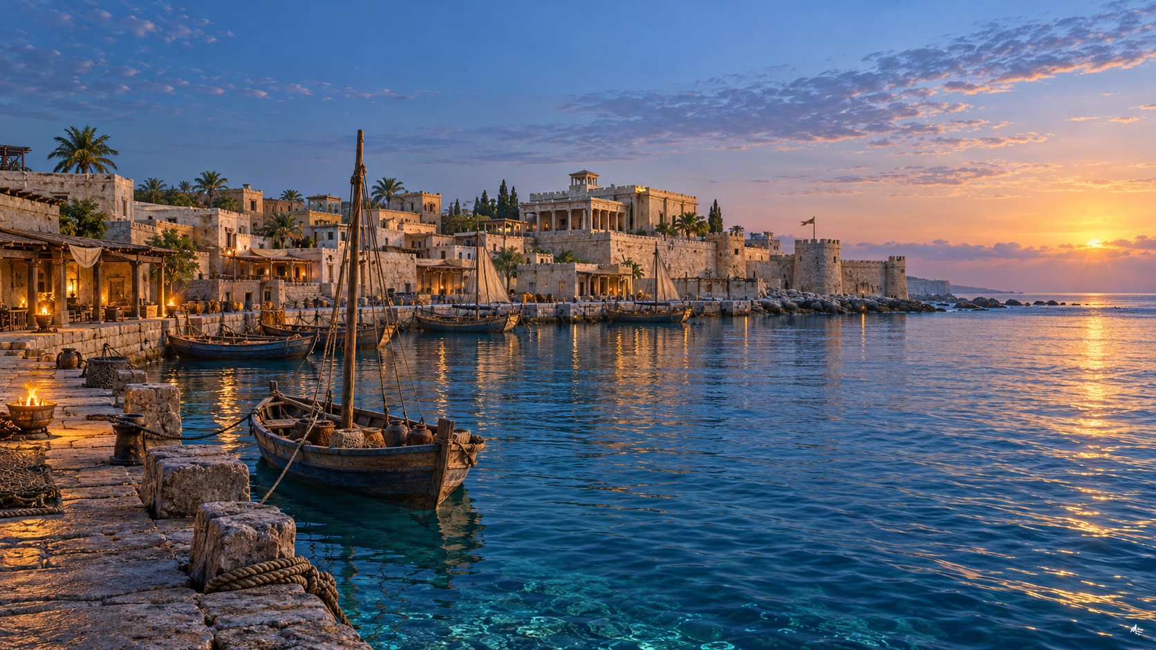 Artistic interpretation of ancient Dwarka: a modest limestone harbour, wooden boats and courtyard buildings beside the sea.
