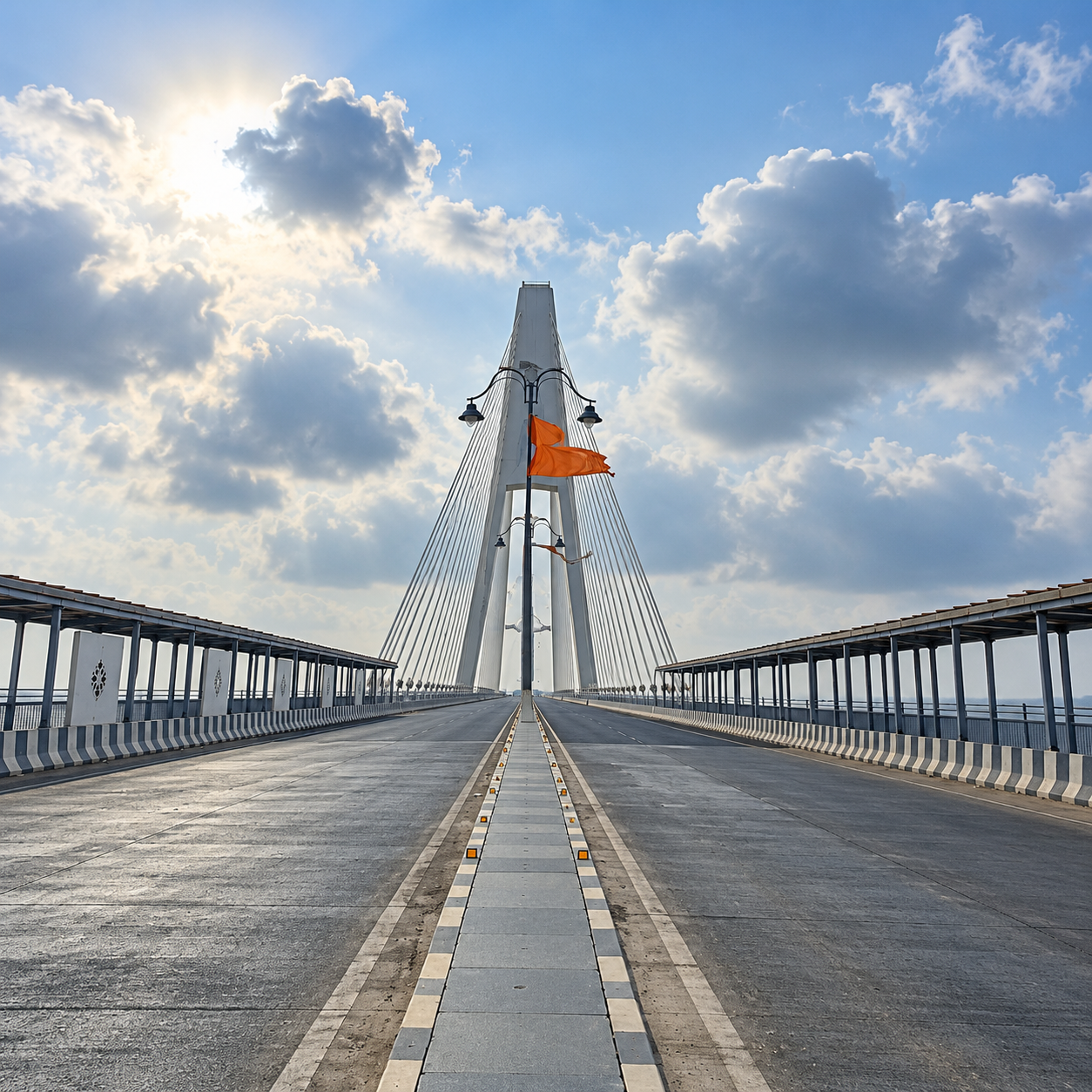 A view along the modern Sudarshan Setu toward its cable-stayed pylon, without traffic or people.