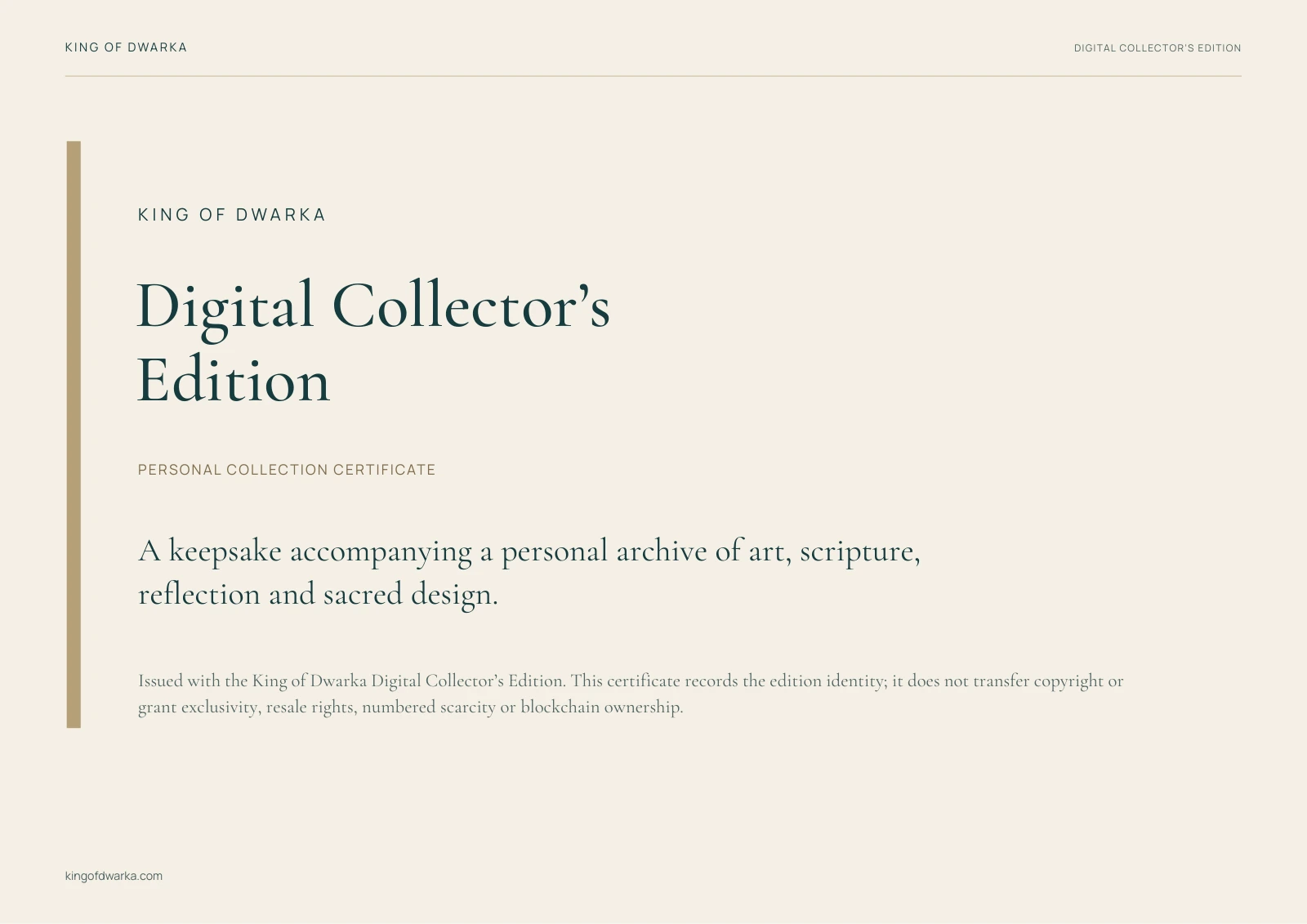 King of Dwarka Digital Collector’s Edition personal collection certificate