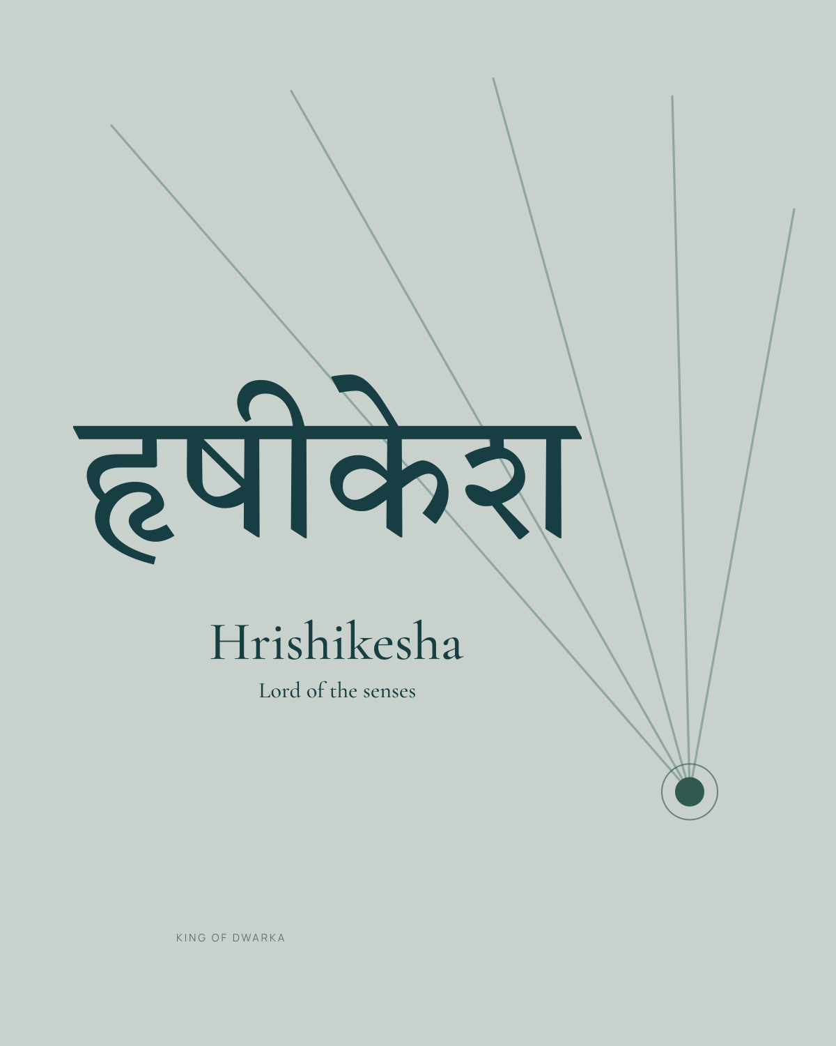 हृषीकेश · Hrishikesha · Lord of the senses. Sacred Typography by King of Dwarka. Five measured rays gather at one still point. Cool limestone and peacock give Hrishikesha a disciplined, contemplative presence.
