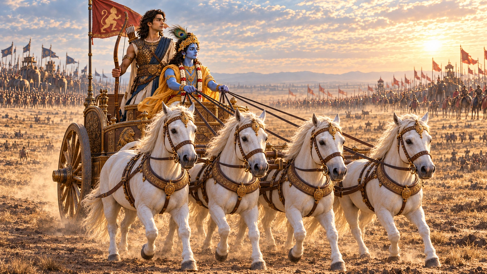 Krishna and Arjuna in their chariot between the waiting armies at Kurukshetra. Approved artistic interpretation.