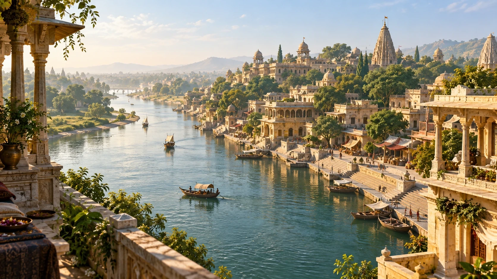 Artistic interpretation of ancient Mathura: a prosperous river city, sunlit stone terraces, boats and distant daily life before the crisis.