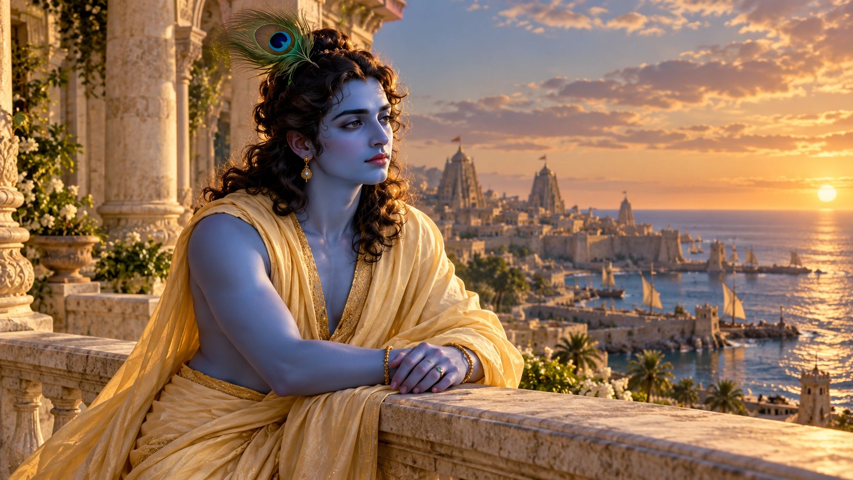 Krishna seated in quiet contemplation beside the Dwarka coast in warm evening light.
