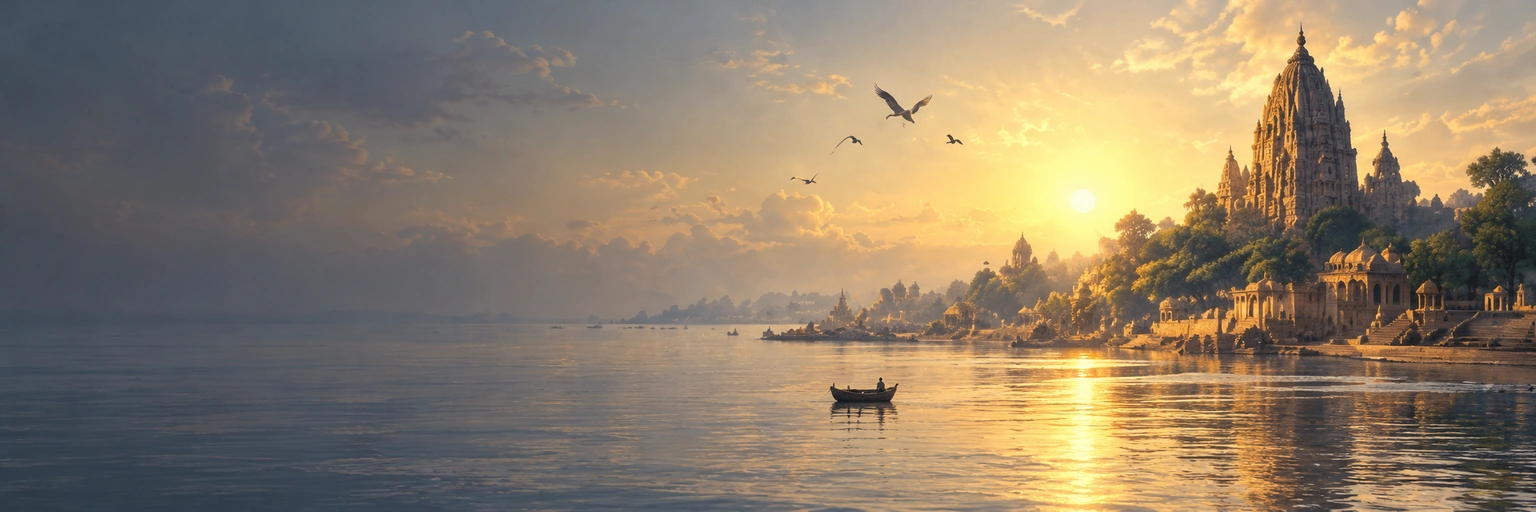 An atmospheric artistic view of a temple waterfront in warm evening light